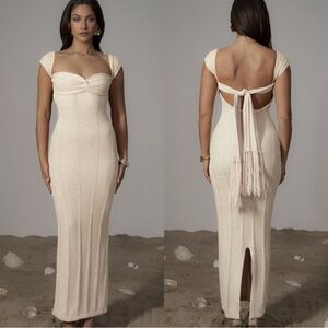 JLUXLABEL Blanca Fringe Crochet Knit Multi Way Cream Strapless Maxi Dress